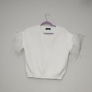 ONTWELFTH Women's   White Sweater with Feathered Sleeves Size S.